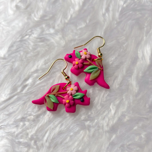 BRIGHT CHERRY BLOSSOM DINO EARRINGS (TRICERATOPS)