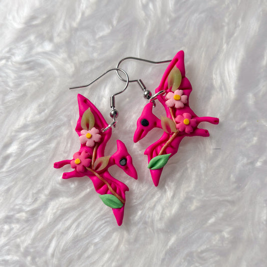 BRIGHT CHERRY BLOSSOM DINO EARRINGS (PTERODACTYL)