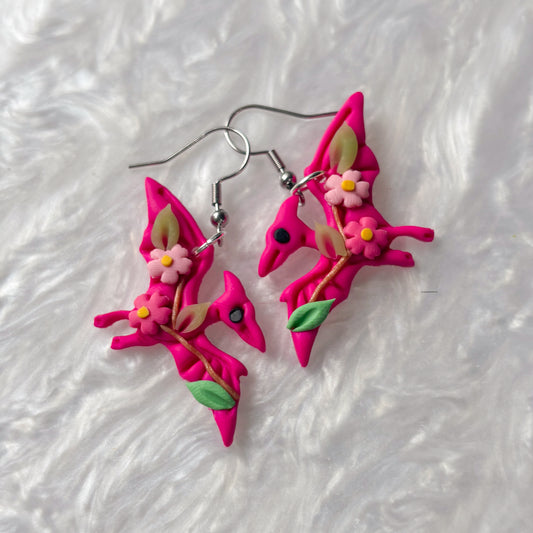 BRIGHT CHERRY BLOSSOM DINO EARRINGS (PTERODACTYL)