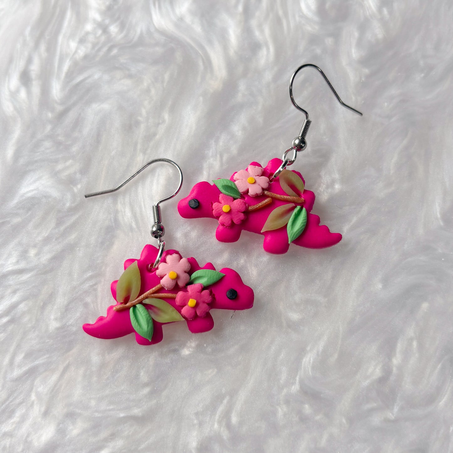 BRIGHT CHERRY BLOSSOM DINO EARRINGS (STEGOSAURUS)