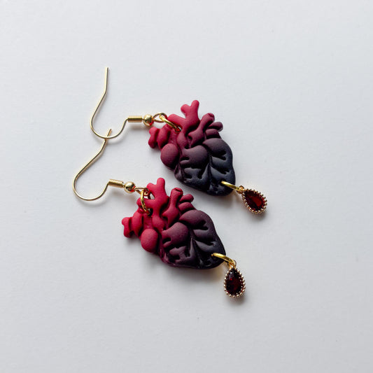 GOTHIC RED/BLACK OMBRE ANATOMICAL HEART EARRINGS