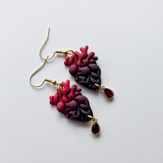GOTHIC RED/BLACK OMBRE ANATOMICAL HEART EARRINGS