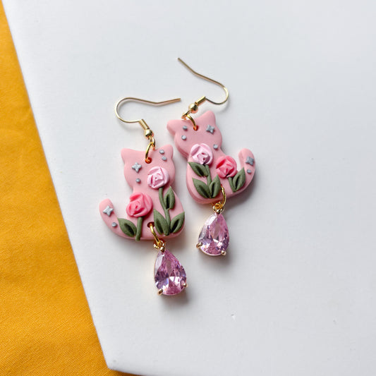 ROSE GARDEN PINK CAT EARRINGS