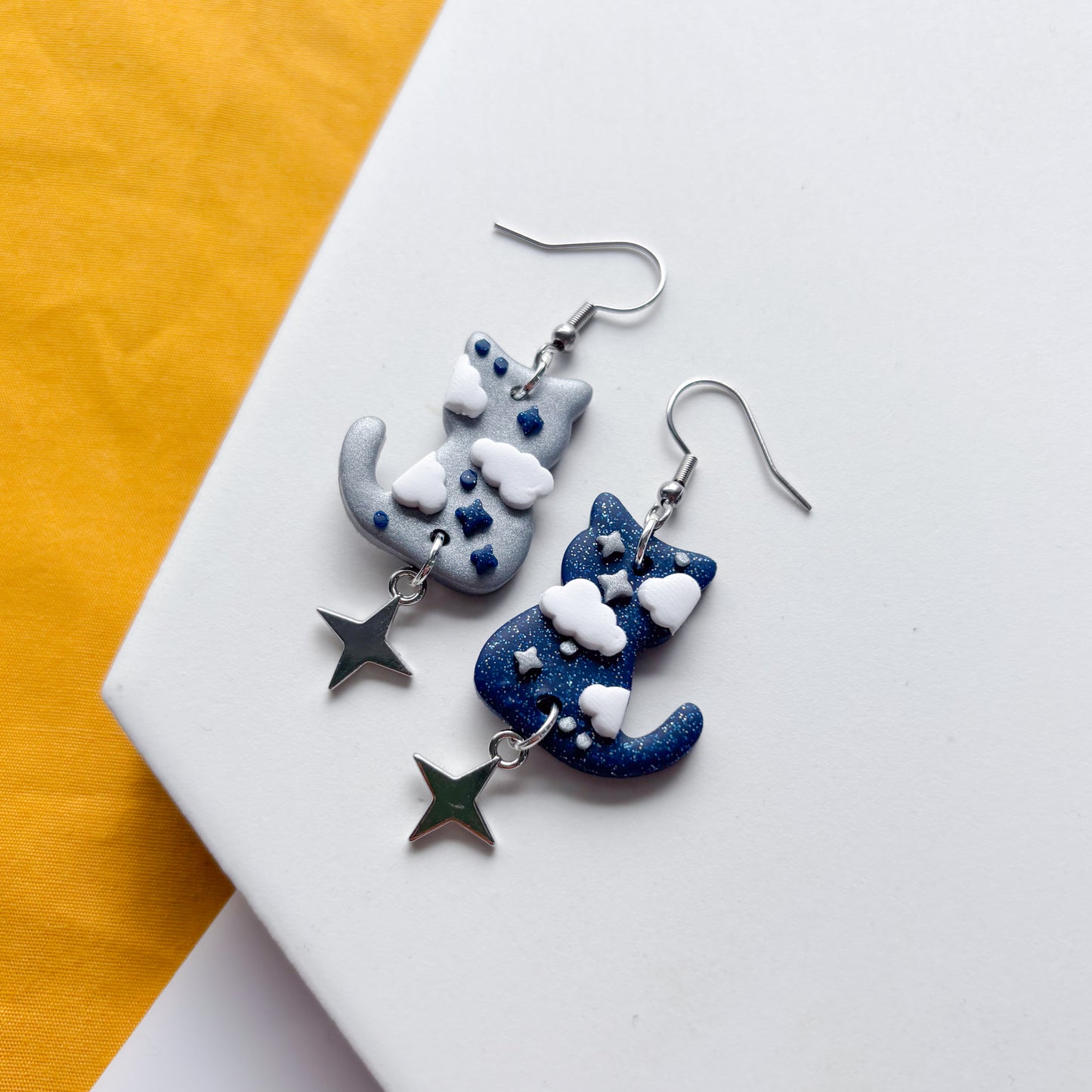 SILVER & GALAXY BLUE SKY CAT EARRINGS