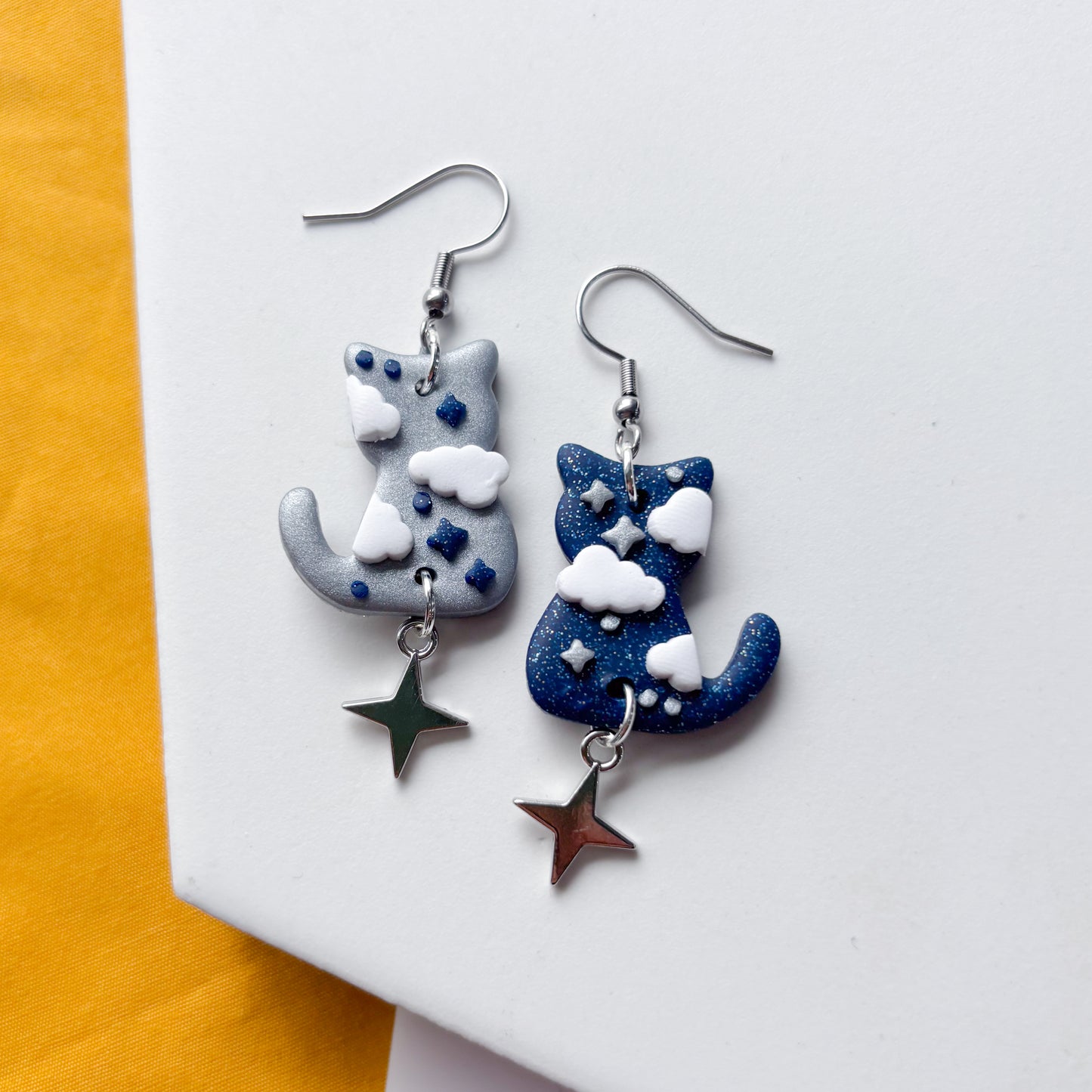 SILVER & GALAXY BLUE SKY CAT EARRINGS