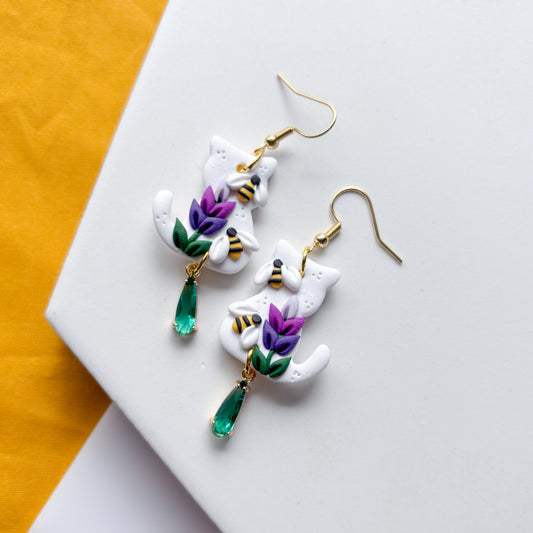 LAVENDER & BEE CAT EARRINGS