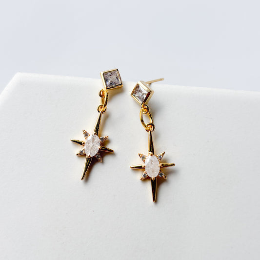 STAR DROP & DIAMOND CHARM STUD EARRINGS