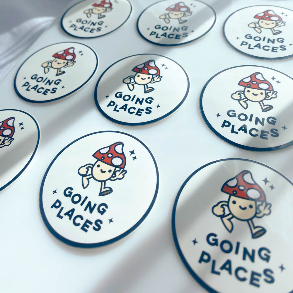 'GOING PLACES' HAPPY MUSHROOM STICKER