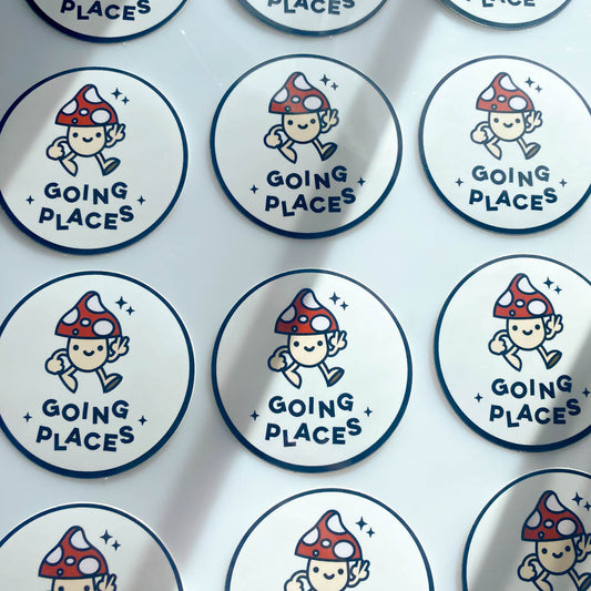 'GOING PLACES' HAPPY MUSHROOM STICKER