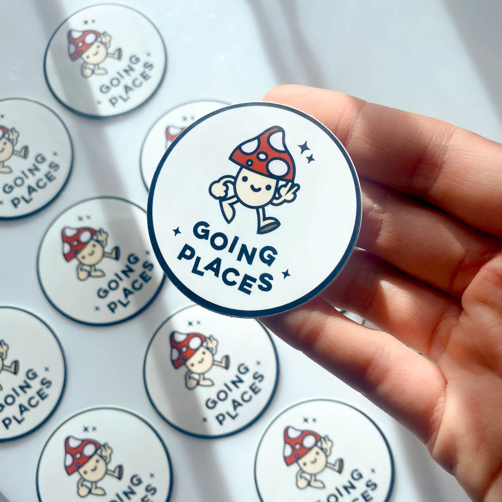 'GOING PLACES' HAPPY MUSHROOM STICKER